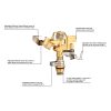 This is an image of a brass metal impact sprinkler, highlighting various adjustable components for spray distance, direction, and coverage, with durable construction features labeled.