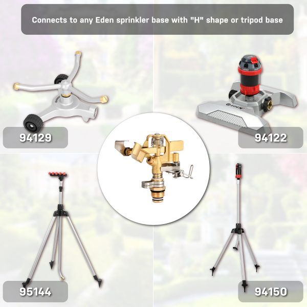 The image displays four different Eden sprinkler accessories with model numbers, designed to connect to "H" shape or tripod bases for watering applications.