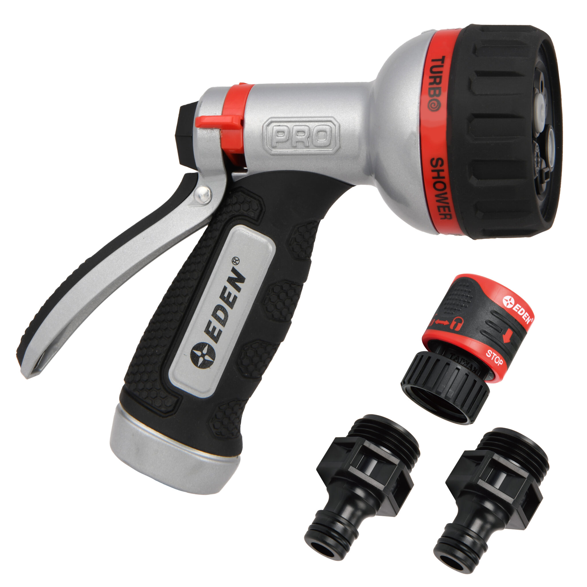 Eden 94814 Pro Metal Thumb-Control 6-Pattern Turbo ugello W/Quick Connector Starter Set, spruzzatore da giardino ad alta pressione per tubo flessibile