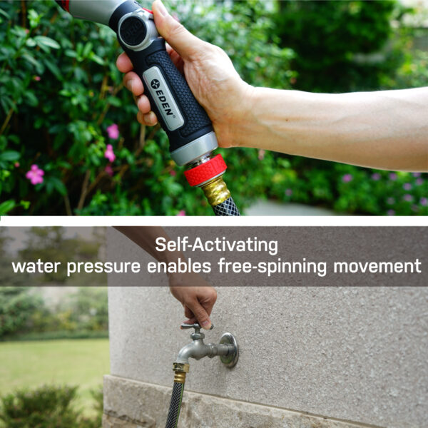 Eden Metal Kink-Free Hose Connector is self activated with water pressure