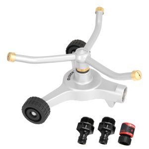 Eden Metal 3-Arm Revolving Sprinkler on Wheel Base shown with Quick Connect Set