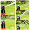 Grid view of the Eden Multi-Pattern Sprinkler Plus Misting System with Step Spike showing each of the 5 spray patterns - Flat, Fan, Large, Multi, and Mist - spraying water in front of a grassy background