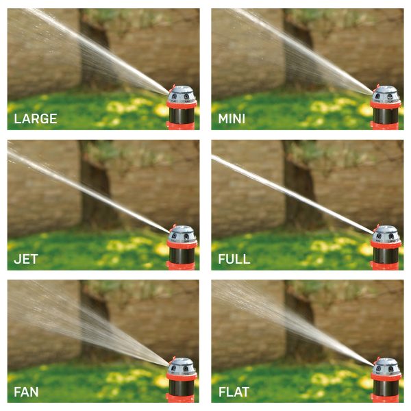 Grid view of all 6 spray patterns of the Eden 6-Pattern Rotary Gear Drive Sprinkler with Step Spike. Comparing views of the Large, Mini, Jet, Full, Fan, and Flat spray patterns