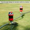 Two irrigation devices with red and black colors are connected in series to a hose on a grassy background, exemplifying a flow-through design system.