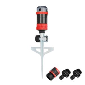 Eden 4-Pattern Rotary Gear Drive Sprinkler with Step Spike shown with quick connect set on a white background