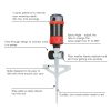 This image shows a diagram of a garden sprinkler with key features labeled, such as adjustable spray patterns, angle tabs, durable construction, and a step spike.