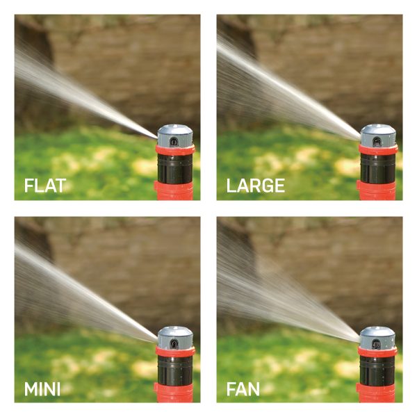 Grid view of the 4 spray patterns of the Eden 4-Pattern Rotary Gear Drive Sprinkler with Step Spike