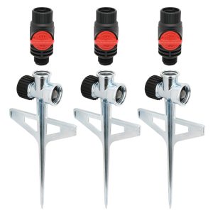 3 pack of the Eden 1/2-Inch Zinc Flow-Through Lawn Sprinkler Step Spike Bases with Flow Control valves shown on a white background
