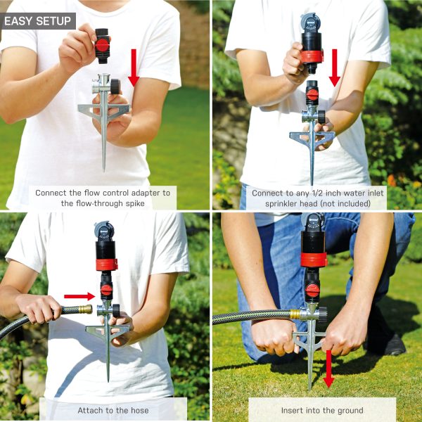 This image shows a four-step process of setting up an irrigation tool. A person connects parts and installs the device into the ground outdoors.