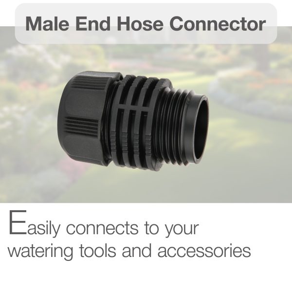 The image shows a black plastic hose connector with ridges, described as a "Male End Hose Connector," highlighted for its ease of connection to watering tools.