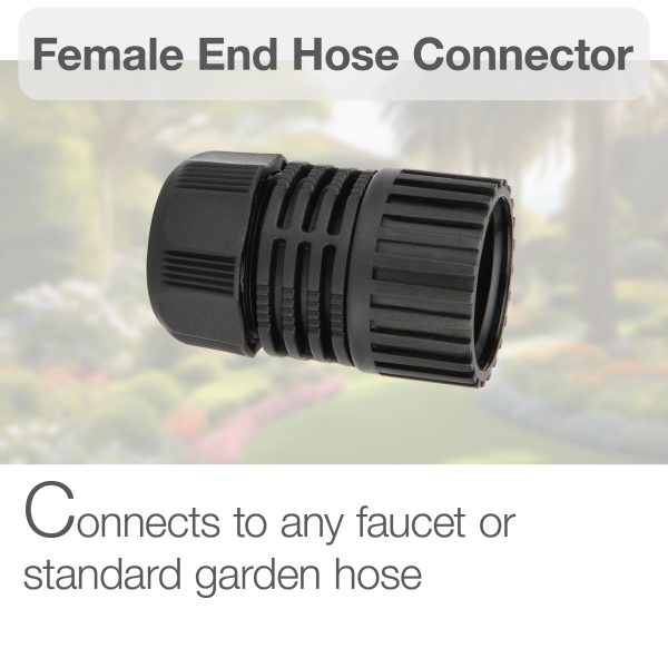 This image shows a black female end hose connector centered on a blurred garden background. Text indicates it can connect to any faucet or standard garden hose.