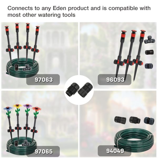 The image shows various garden hose attachments and accessories, including sprinklers and connectors, compatible with Eden products, labeled with numerical codes for identification.