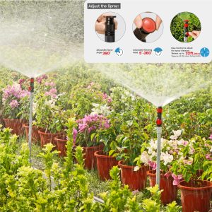 Eden Multi-Adjustable Sprinklers with Metal Extension Set gently watering potted flowers with detailed graphic showing three spray adjustments